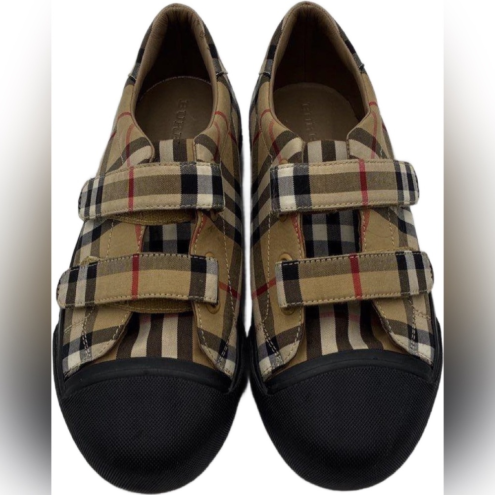 Burberry Tan Nova Check Velcro Strap Low Top Sneakers Black Toe Cap COA Size 35 - Picture 2 of 10